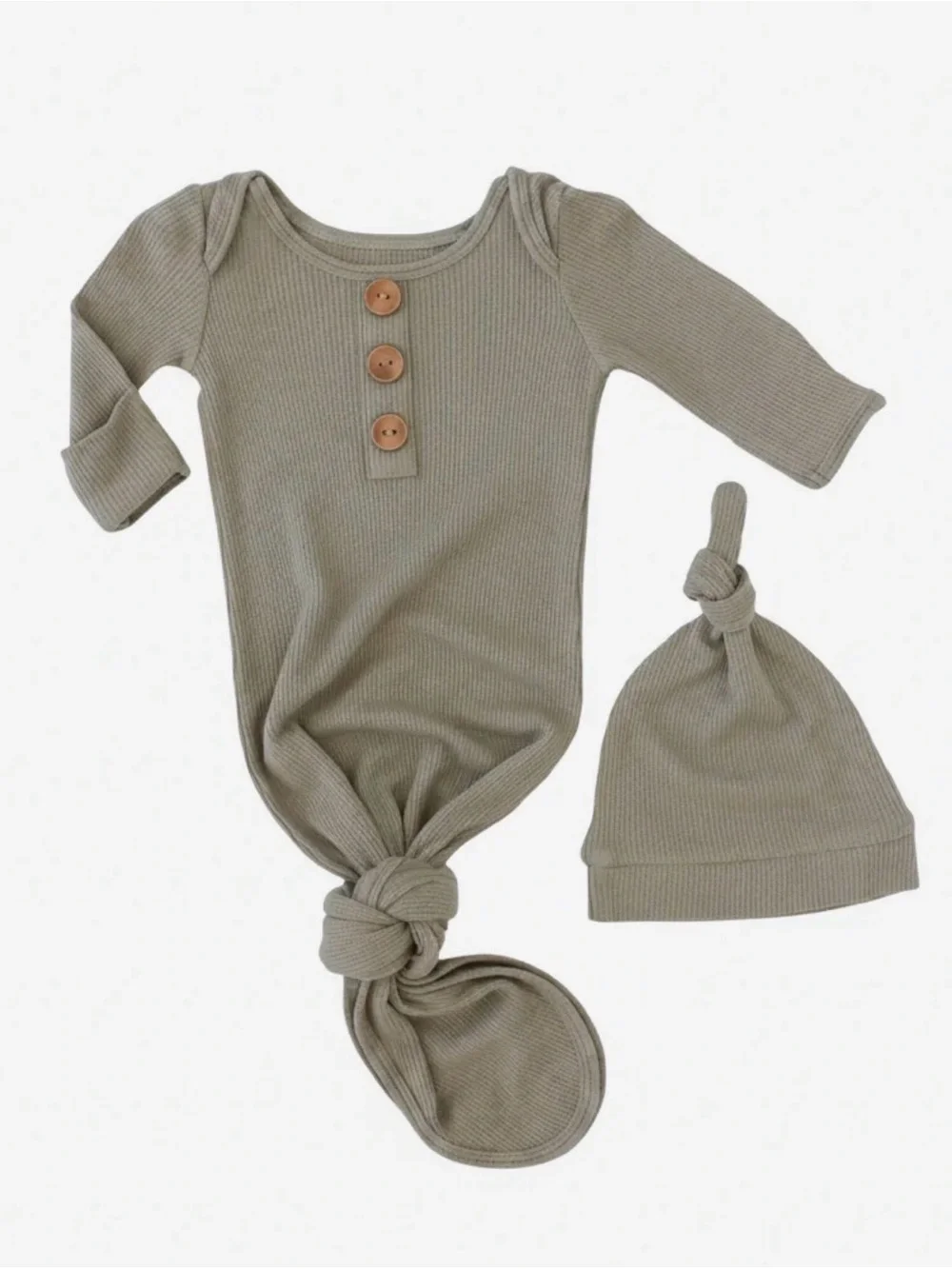 Caden Lane Neutral Knit Knotted Gown and Hat Set - Sage Green